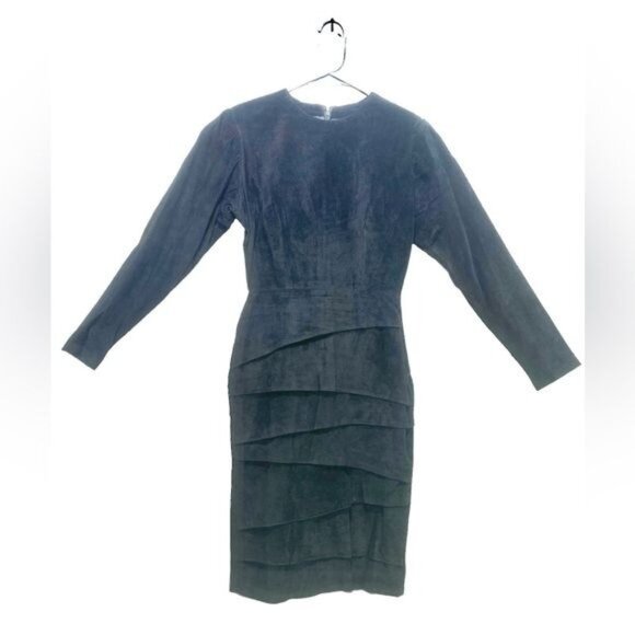 G-III Dresses & Skirts - Wimsigoth 100% Suede Leather Dress Womens 6 Black Vintage Midi Ruffle Long Sleev